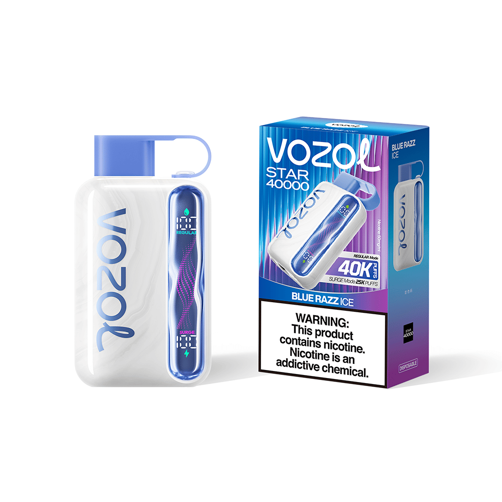 VOZOL Star 40000 disposable vape with a white curved body and blue logo, shown beside its blue packaging box bearing VOZOL branding and a nicotine warning label.