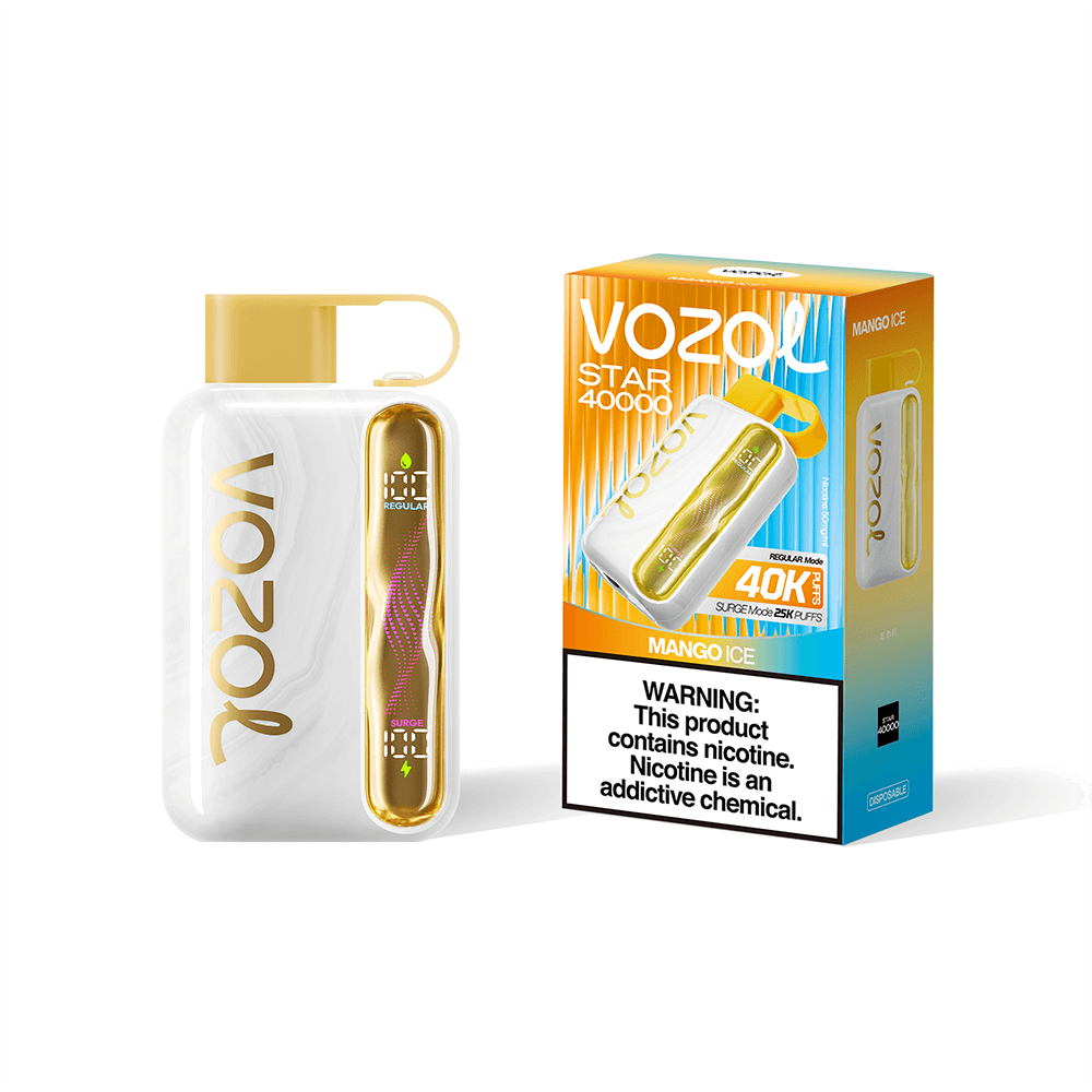 A white VOZOL disposable vape device with a gold cartridge beside a VOZOL Mango Ice box that reads 'Star 40000' and includes a nicotine warning.