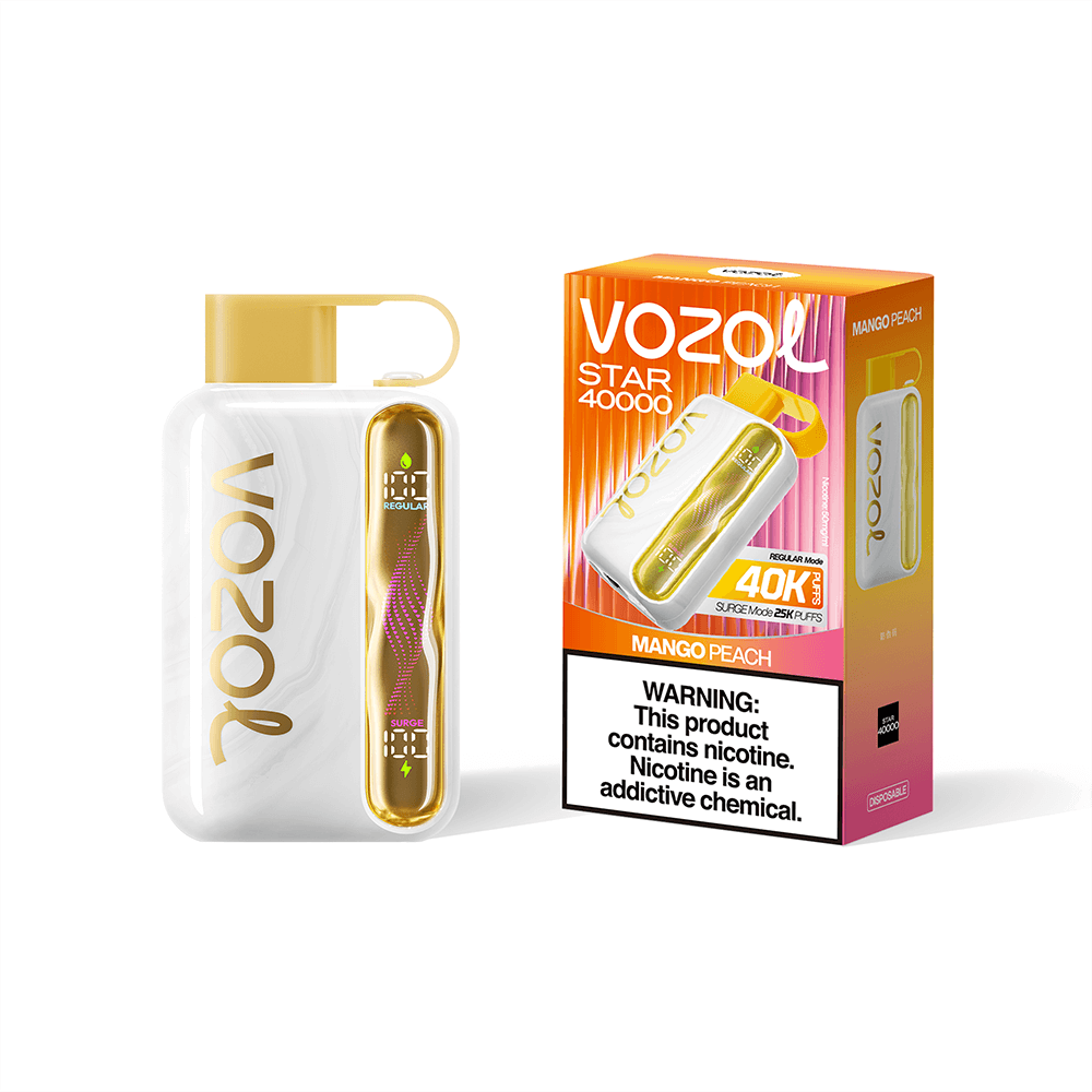 A white VOZO disposable vape with a gold-tinted cartridge standing next to an orange VOZO Mango Peach box.