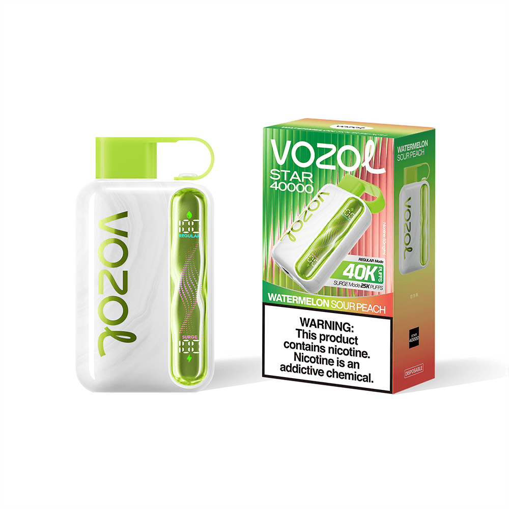 White VOZOL Star 40000 watermelon sour peach disposable vape with a lime-green cap and a clear side panel displaying a digital readout, shown next to its green-and-orange packaging.