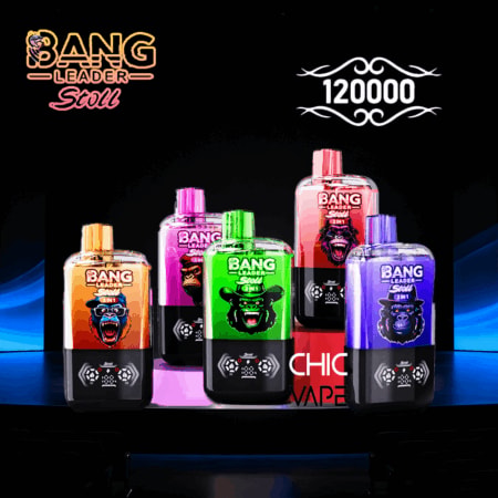 Fem färgglada Bang Leader Soul 2-i-1 vapeflaskor med svart bas, orange, rosa, grön, röd och lila, arrangerade på en mörk scen under neonbelysning, med Bang Leader Soul-logotypen uppe till vänster och ett dekorativt 120000-emblem uppe till höger.