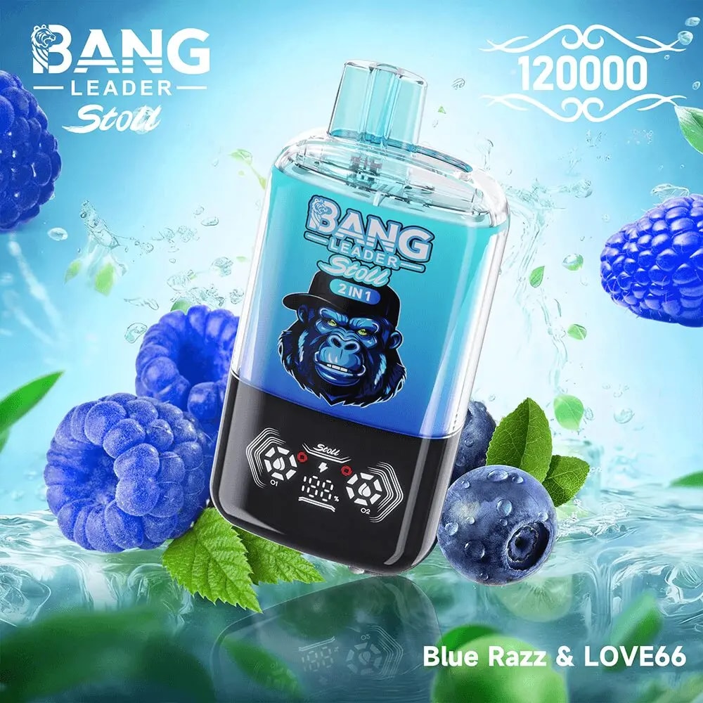 A blue-tinted Bang Leader Stoli 2-in-1 bottle featuring a gorilla mascot, set against a bright blue background with blue raspberries and blueberries, promoting the flavor Blue Razz & LOVE66.
