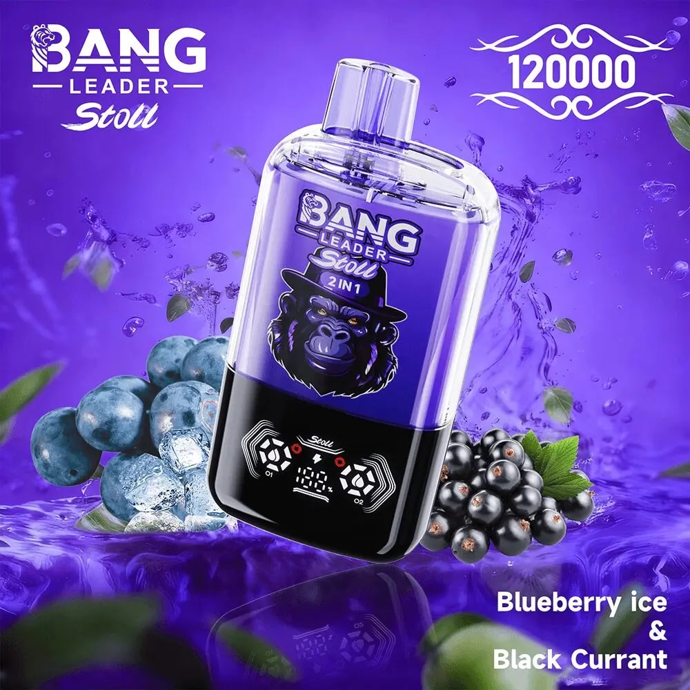 A purple Bang Leader Stoli 2-in-1 energy bottle with a gorilla logo, shown against a purple splash background amid blueberries and black currants, highlighting the Blueberry Ice & Black Currant flavor.