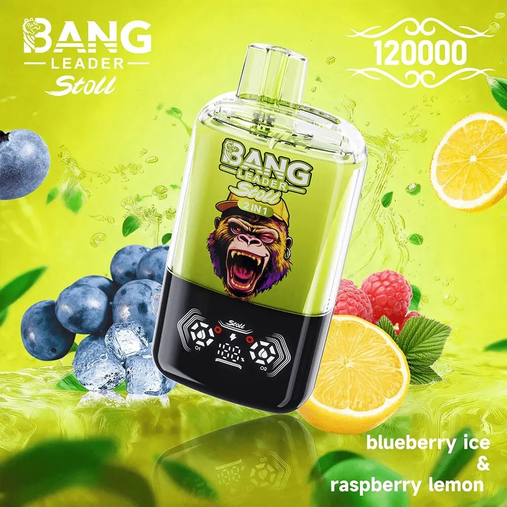 Bright lime background with a green and black Bang Leader Stoll 2-in-1 portable blender and cartoon monkey logo, surrounded by blueberries, raspberries, lemon slices and mint, advertising the blueberry ice and raspberry lemon flavor.