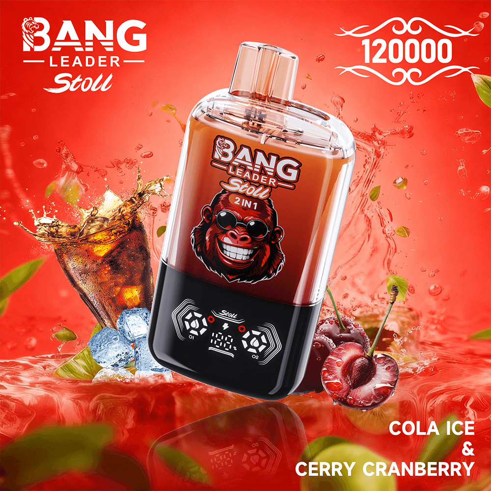 Promotional image of a tilted Bang Leader Stoll energy drink bottle with a gorilla logo, surrounded by ice, cherries, and cranberry elements against a red background, with white text Cola Ice & Cherry Cranberry in the bottom right and a decorative 120000 motif in the top right.