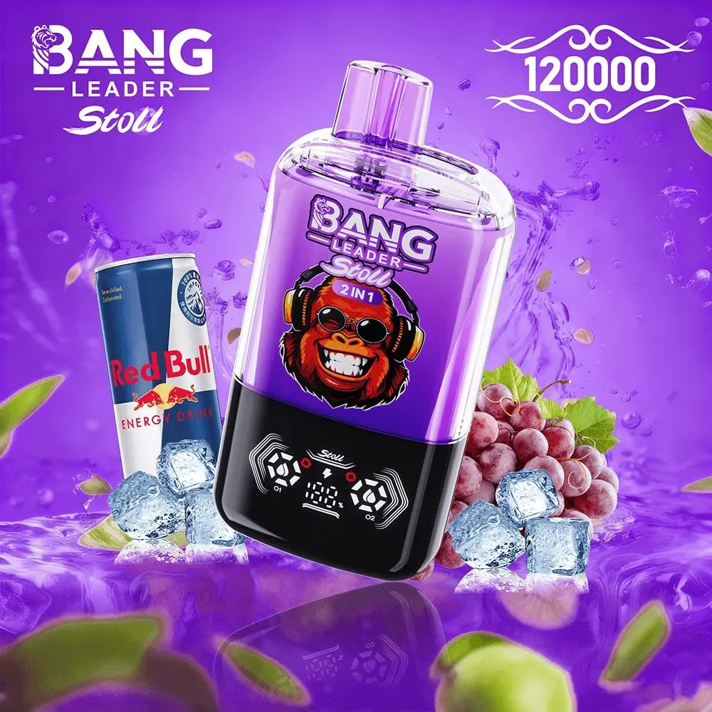 Purple 2-in-1 portable blender branded Bang Leader Stoli with a gorilla wearing headphones on the label, shown alongside a Red Bull can and grapes on a purple background with ice cubes and a decorative 120000 motif.
