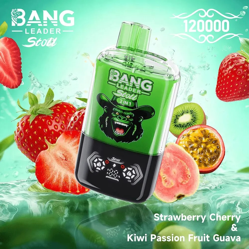 Green and black Bang Leader Stool two-in-one vape device with a gorilla logo is angled in the center, surrounded by strawberries, kiwis and passion fruit on a turquoise background, advertising the Strawberry Cherry & Kiwi Passion Fruit Guava flavors.