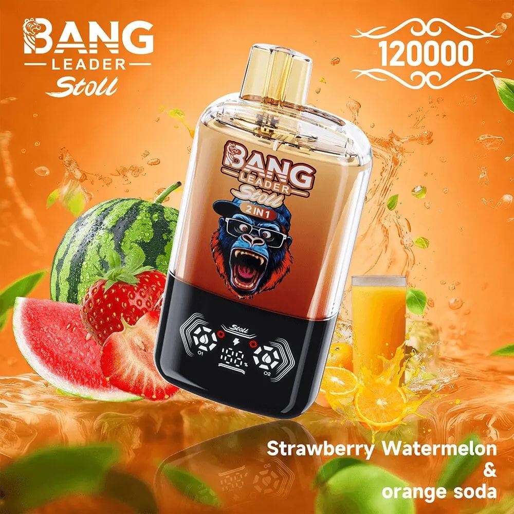 A tilted Bang Leader Stoll energy drink bottle with a gorilla logo sits against an orange splash background, surrounded by watermelon, strawberry, orange slices, and fruit juice splashes, with the flavor 'Strawberry Watermelon & orange soda' shown on the label.