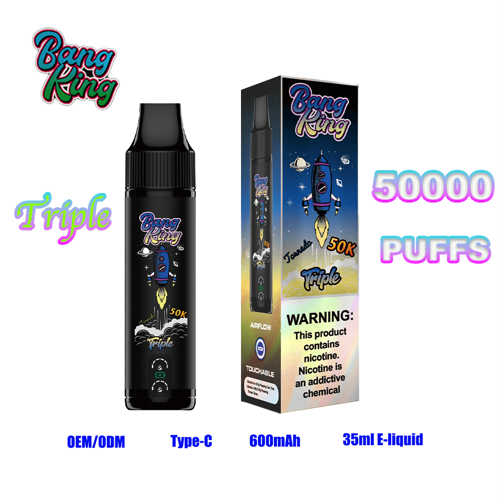 A Bang King disposable vape and its box featuring a space-rocket illustration and the Bang King logo, advertising 50,000 puffs, with specs—OEM/ODM, Type-C, 600mAh, 35ml e-liquid—and a nicotine warning on the packaging.