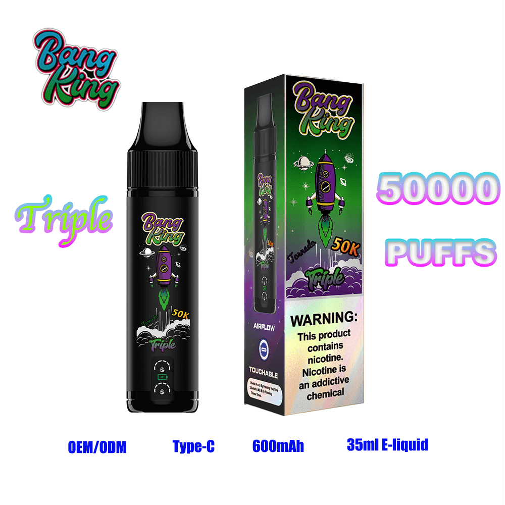 Bang King disposable vape: a black cylindrical device with a space-themed label beside its green-and-purple Bang King box, featuring 'Triple', a rocket graphic and '50K', with a prominent '50000 PUFFS' graphic, and blue captions at the bottom reading OEM/ODM, Type-C, 600mAh, and 35ml E-Liquid.