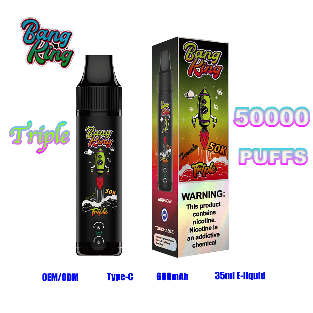 Bang King Triple 50k disposable vape device and its colorful box, featuring a black cylindrical vape with a rocket graphic and Bang King branding, and a box with a '50000 Puffs' label and a nicotine warning.