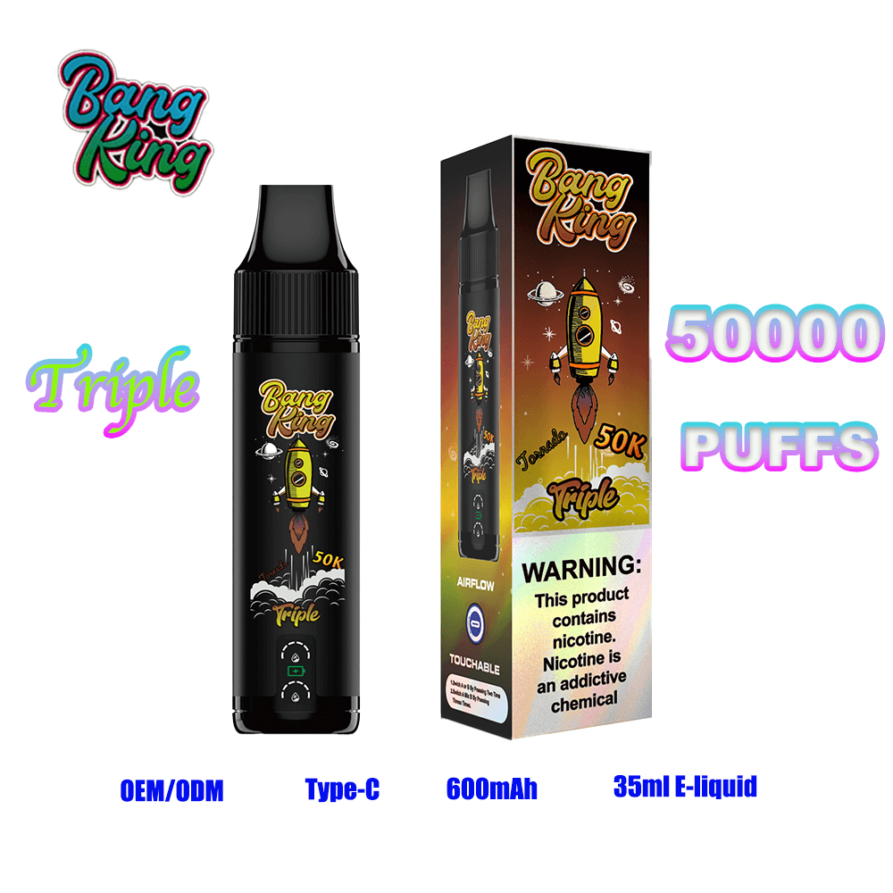 A Bang King Triple disposable vape with a black cylindrical device and a matching box, featuring a rocket illustration, the Bang King logo, the word Triple, and the bold 50000 PUFFS label along with specs like OEM/ODM, Type-C, 600mAh, and 35ml E-liquid.