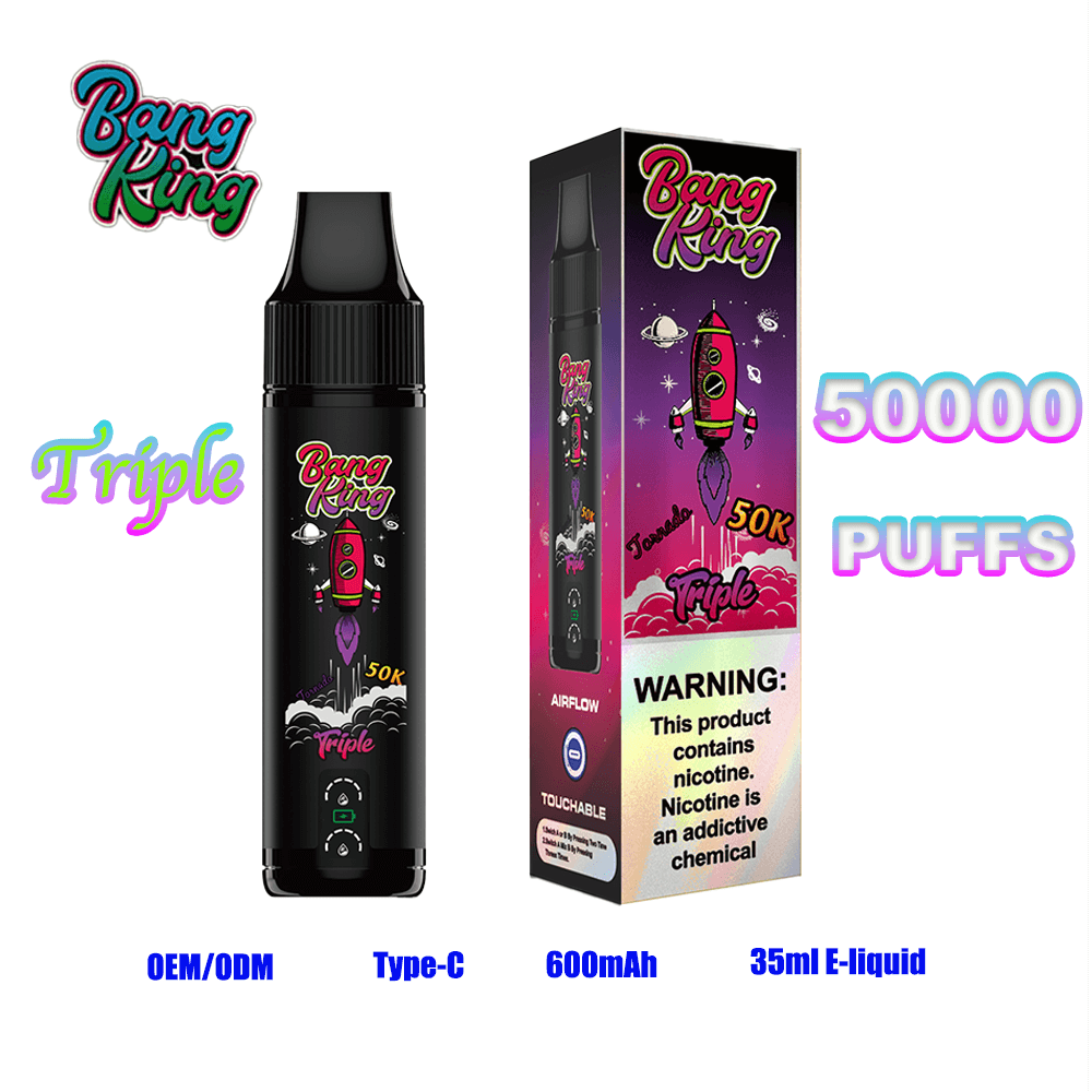A Bang King Triple 50K vape device and its box, showing a black cylindrical pod with rocket graphics, a purple space-themed package with the Bang King logo, and bold text advertising 50,000 puffs, 600mAh, 35ml e-liquid, plus a nicotine warning.