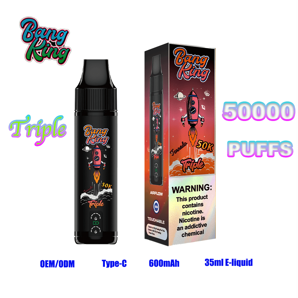 Bang King triple disposable vape device and its box, featuring a rocket graphic and '50K puffs,' a nicotine warning panel, and blue labels noting OEM/ODM, Type-C, 600mAh, and 35ml e-liquid.