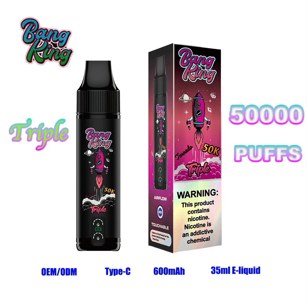 A Bang King branded vape device beside its rocket-themed packaging, featuring the Bang King logo, a pink rocket design, the word Triple and the text 50,000 puffs, with specifications Type-C, 600mAh and 35ml e-liquid.