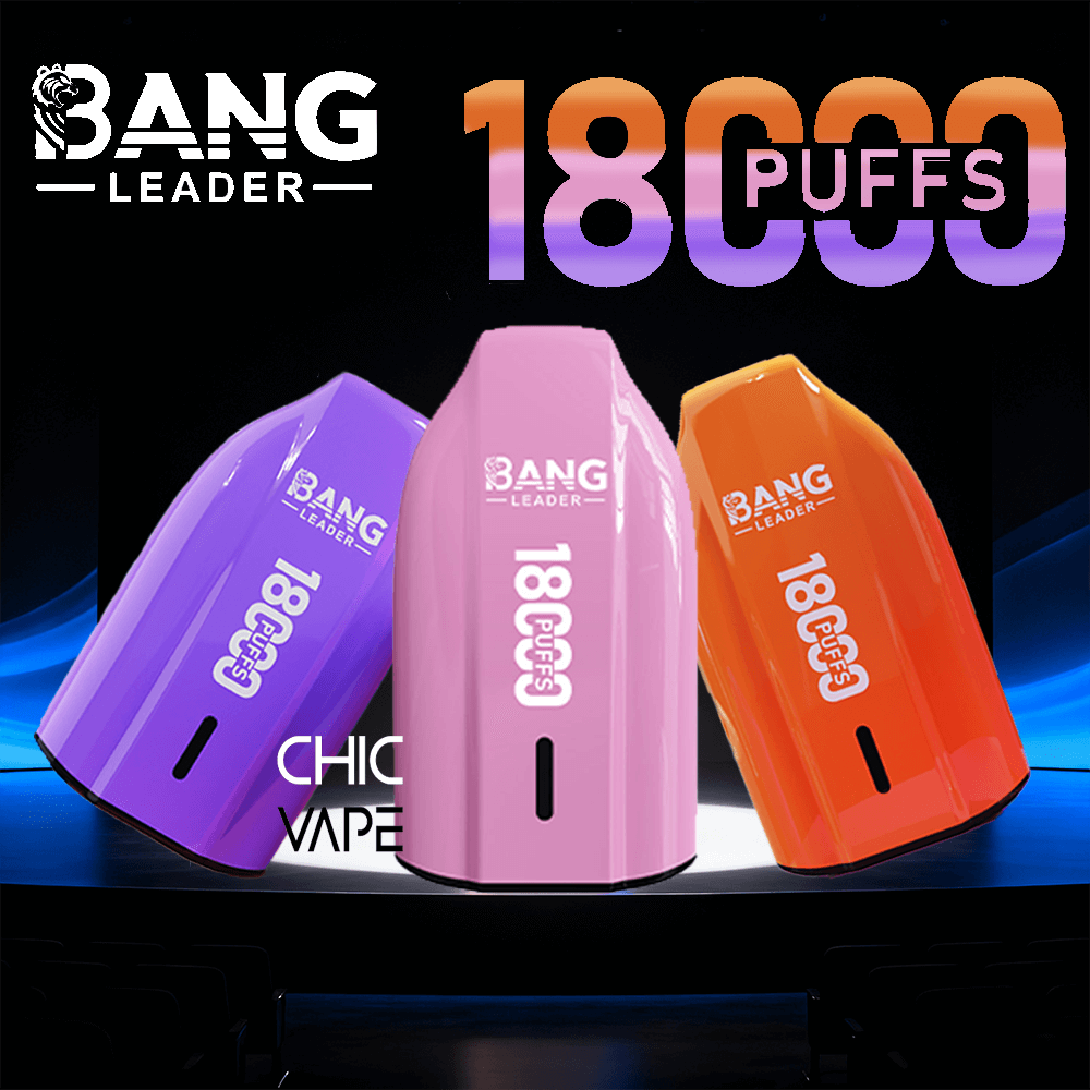 Three Bang Leader Chic Vape disposable devices in purple, pink, and orange with 1800 puffs, displayed on a dark stage background.