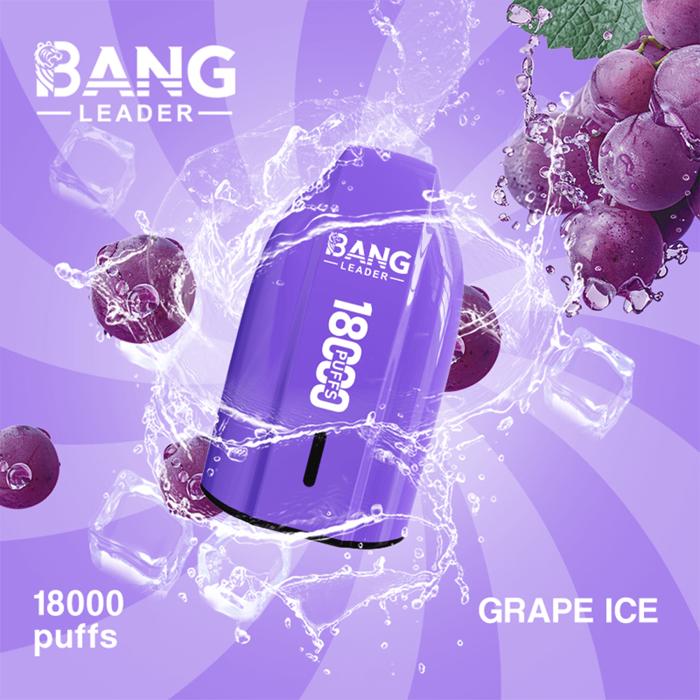 A purple Bang Leader disposable vape can labeled 18,000 puffs and Grape Ice, surrounded by splashing water, ice cubes, and grape clusters against a purple background.