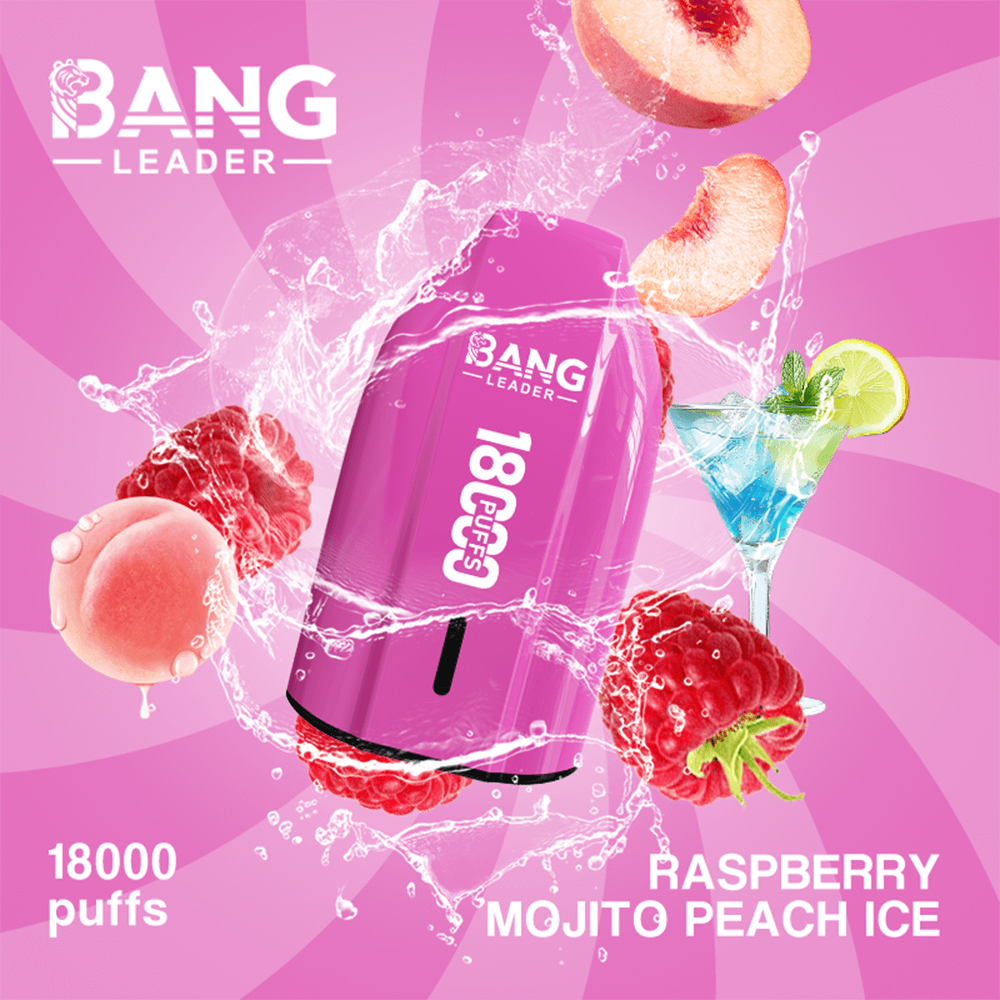 Pink Bang Leader disposable vape device labeled 18,000 puffs, surrounded by raspberries and peach slices with a lime-garnished mojito cocktail on a pink swirling background, promoting the Raspberry Mojito Peach Ice flavor.