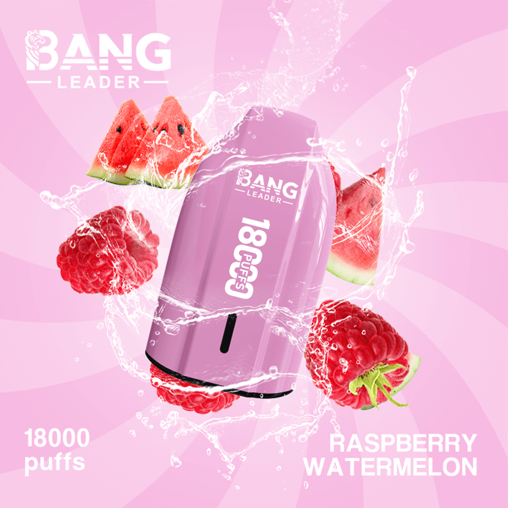 Pink Bang Leader disposable vape device with an '18,000 puffs' label, surrounded by splashing water and raspberry and watermelon slices, highlighting the Raspberry Watermelon flavor.