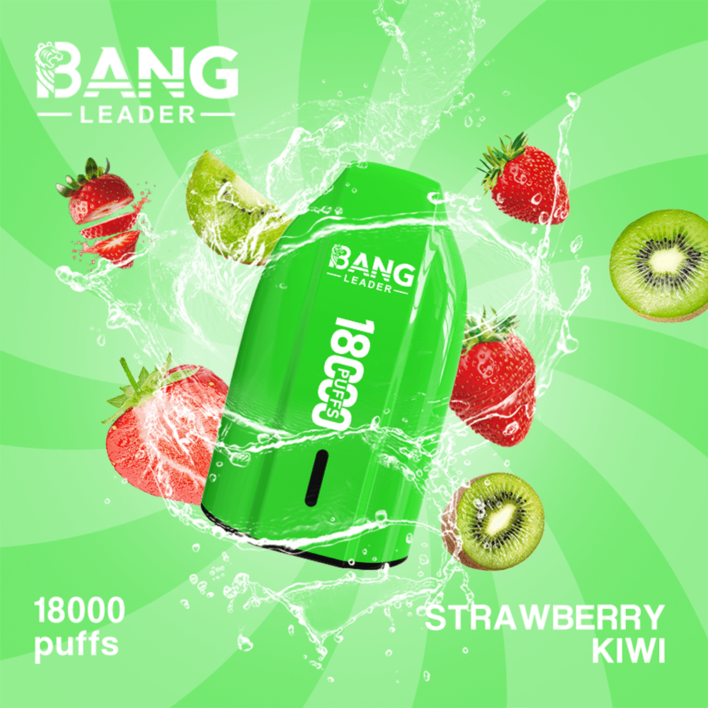 A bright green Bang Leader vape device labeled '18Puffs' tilts at the center amid splashing liquid, surrounded by strawberries and kiwis on a green swirl background, with text noting 18,000 puffs and the Strawberry Kiwi flavor.