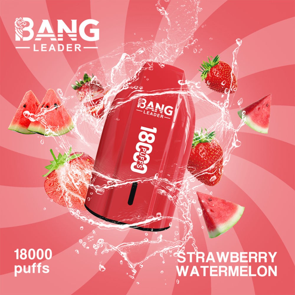 A red Bang Leader disposable vape device labeled 18000 puffs sits at an angle amid splashing water, surrounded by strawberry and watermelon slices on a pink swirl background, indicating the Strawberry Watermelon flavor.