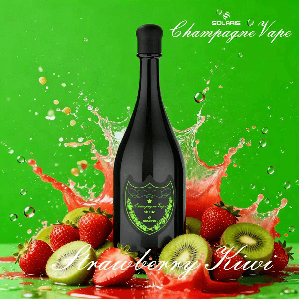 En hög mörk champagneflaska med en grön etikett står upprätt mitt i en stänkande visning av jordgubbar och kiwi mot en ljusgrön bakgrund, med vit kursiv text som läser Champagne Vape över scenen.
