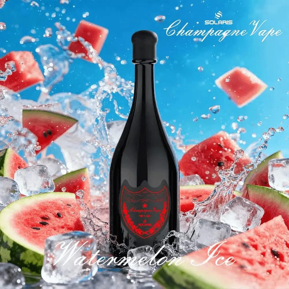 En mörk champagneflaska med rött vapen sitter bland isbitar och vattenmelonskivor på en klarblå bakgrund, med texten Watermelon Ice och Champagne Vape i närheten.