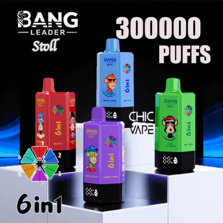 Cinque bottiglie colorate di vaporizzatore Bang 6in1 su un display con una ruota dei colori e il testo 300000 PUFFS su uno sfondo scuro.