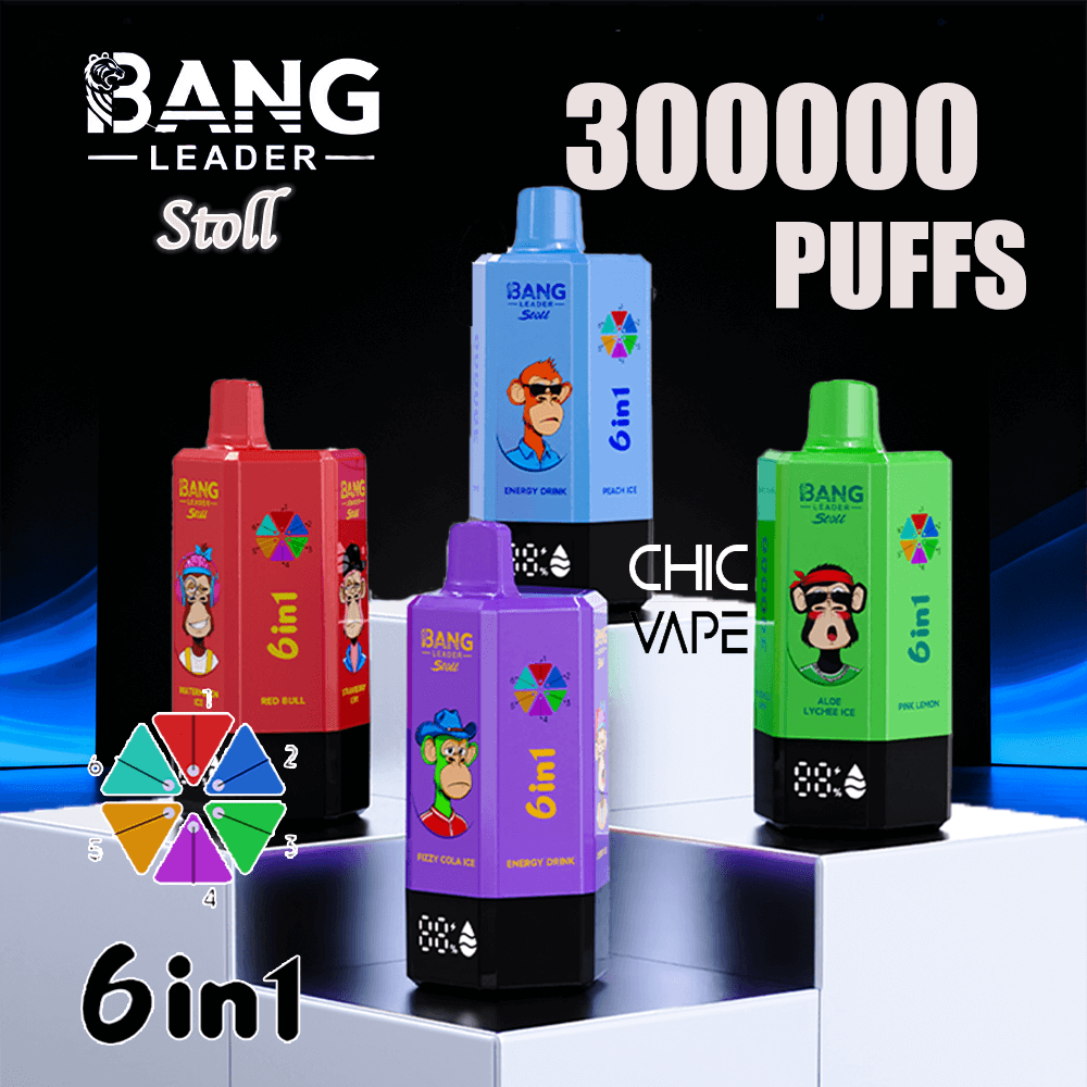 Five colorful 6in1 Bang vape bottles on a display with a color wheel and 300000 PUFFS text on a dark background.