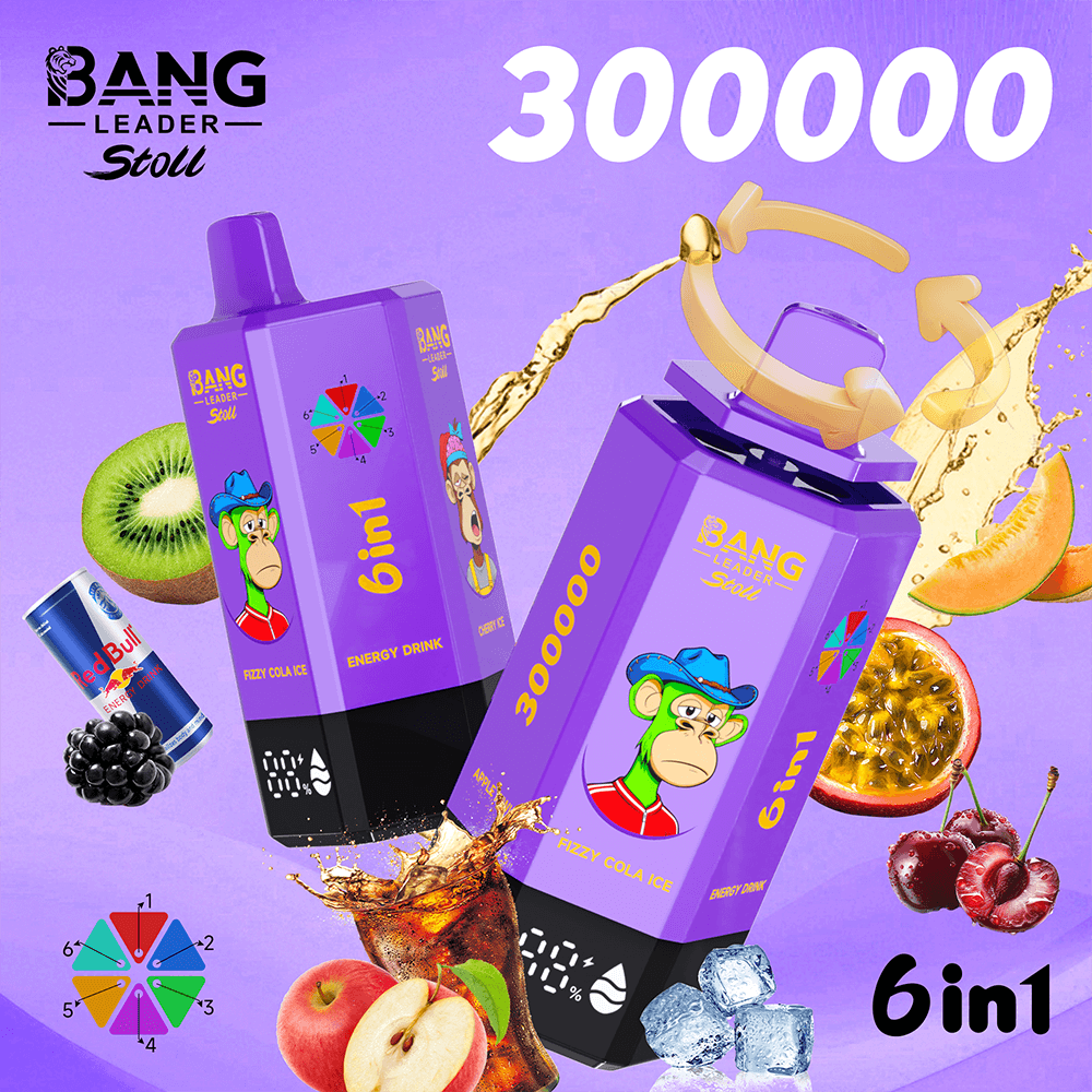 Purple Bang Leader Stoll energy drink cartons tilted, featuring a monkey graphic and 6in1, with fruit and ice around.
