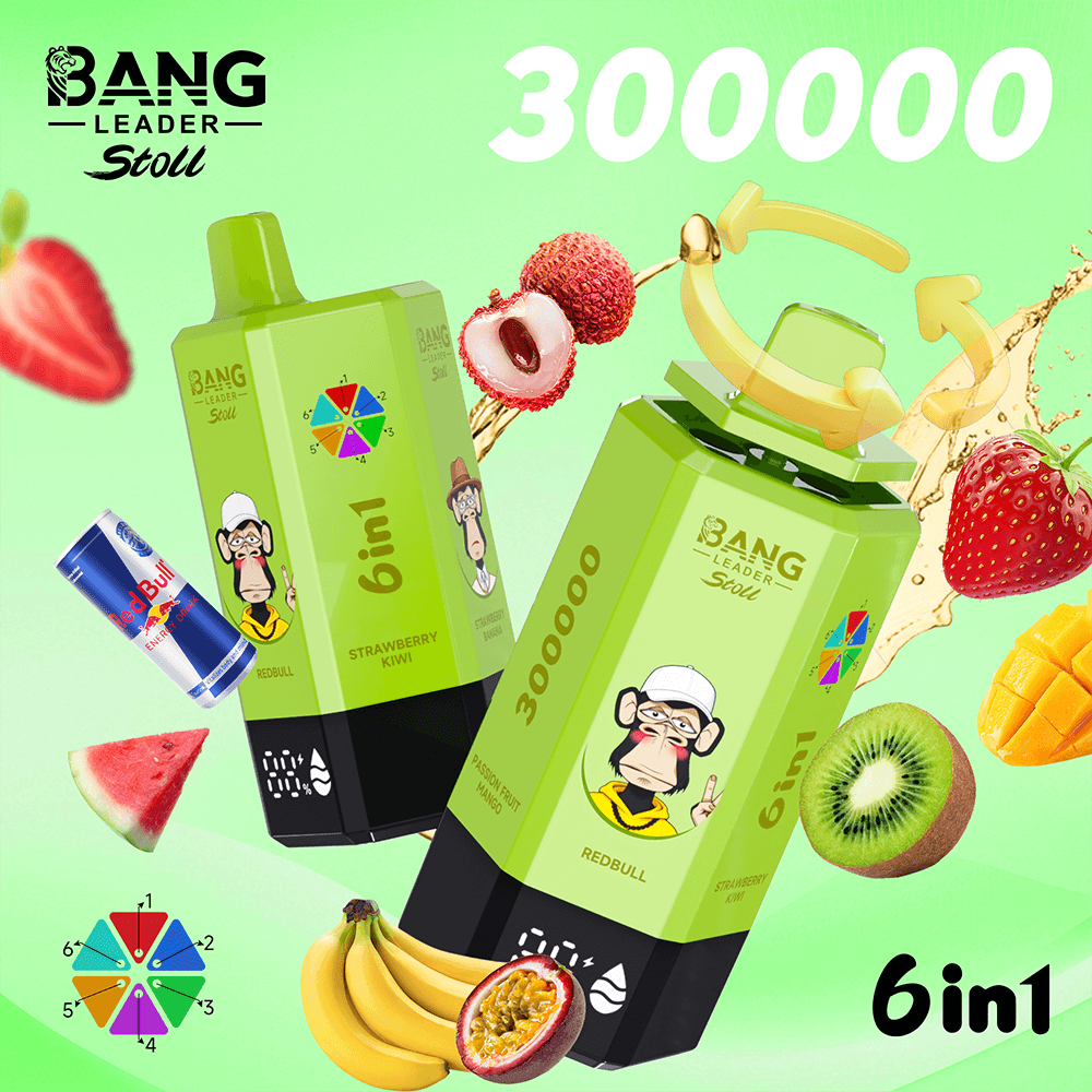 Bright green ad for Bang Leader Stoll 6in1 juice with two lime cartons, monkey logo, and fruit like strawberries and kiwi.
