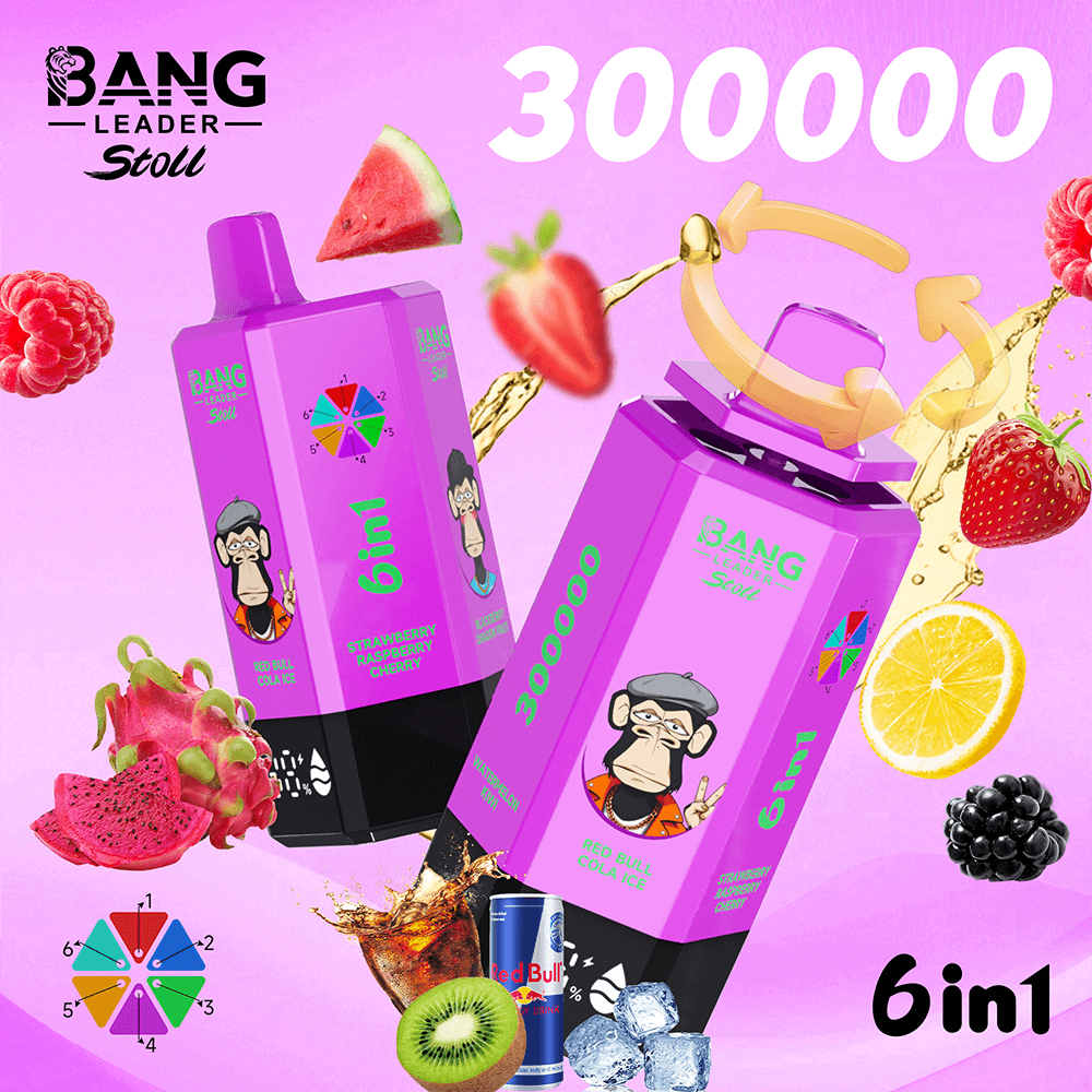 Vibrant pink promo with two purple 6in1 bottles, cartoon monkey, fruits, and the bold 300000 text.