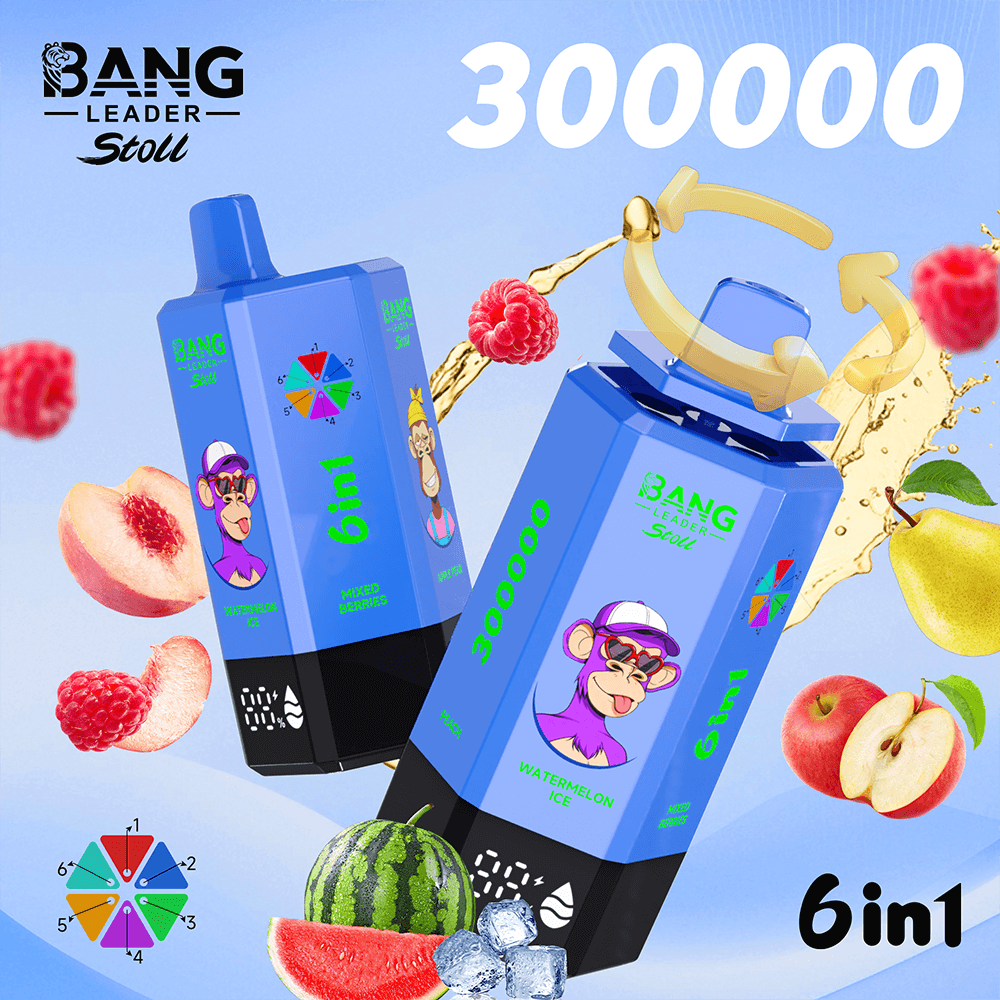 Two blue 6-in-1 drink bottles with a monkey mascot, set among fruit on a blue gradient background.