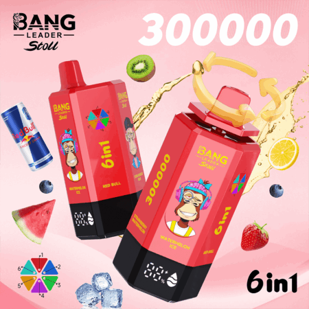 Due pacchetti energetici Bang 6in1 rossi raffiguranti una scimmia cartoon, su sfondo rosa con fette di frutta e una grande grafica 300000.