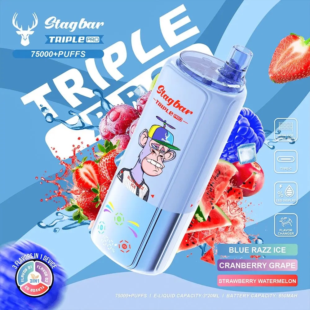 Blue vape device featuring a cartoon monkey and fruit splashes, promoting Stagbar Triple Pro with 75,000+ puffs and mixed fruit flavors.