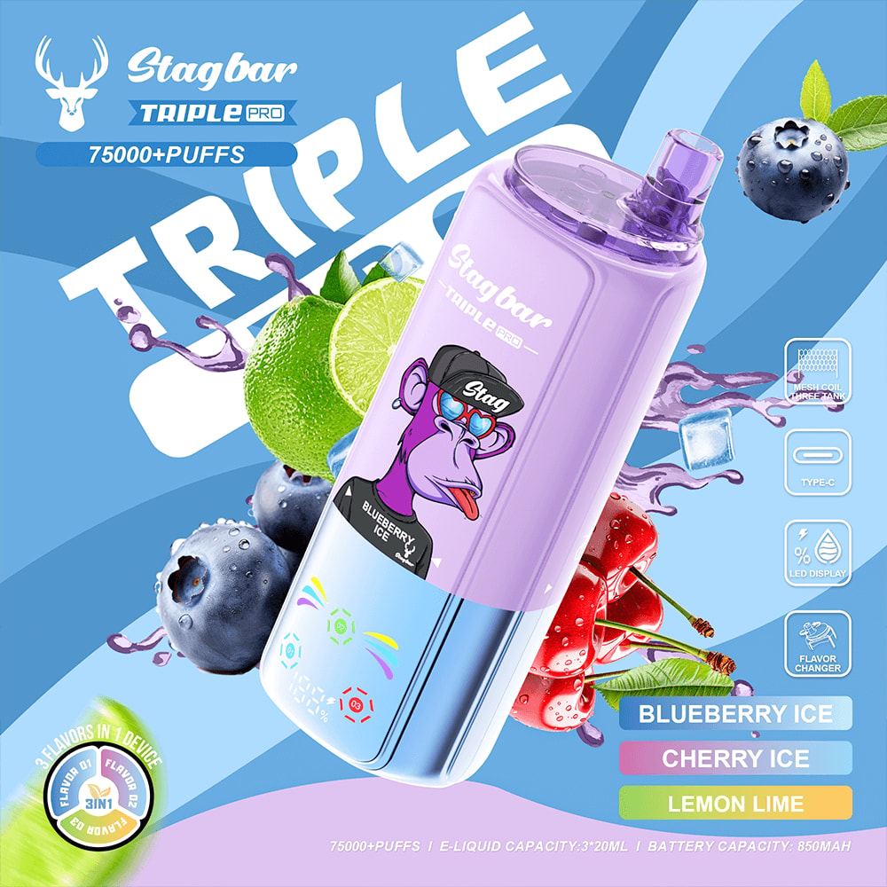Bright blue Stagbar Triple Pro ad with a purple e-liquid bottle and flavors Blueberry Ice, Cherry Ice, Lemon Lime.