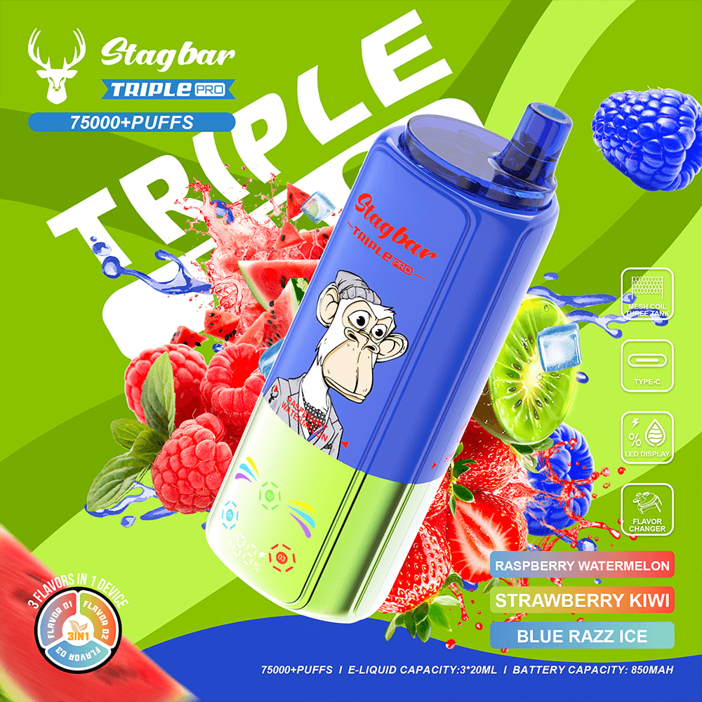 Blue and lime Stagbar Triple Pro vape device with a monkey logo, surrounded by colorful fruit splashes and flavor labels.