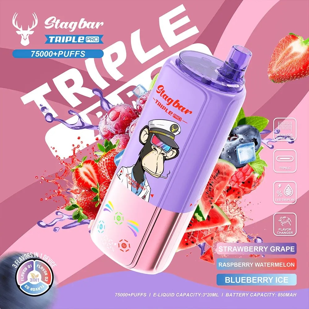 Purple Stagbar Triple Pro vape device with a cartoon monkey in a captain's hat on the label, surrounded by strawberry and berry imagery.