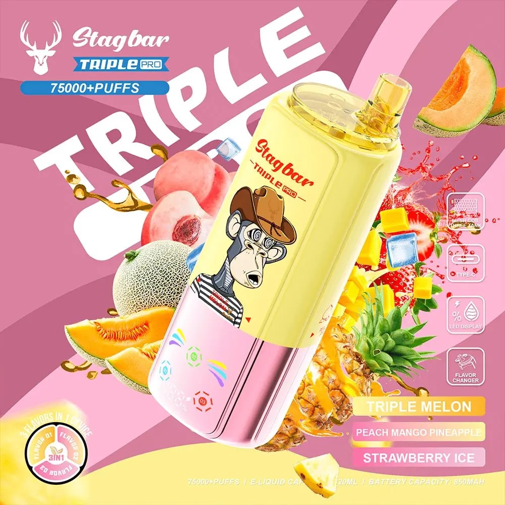 Stagbar Triple Pro vape with cartoon monkey logo, yellow-pink body, surrounded by fruit graphics.