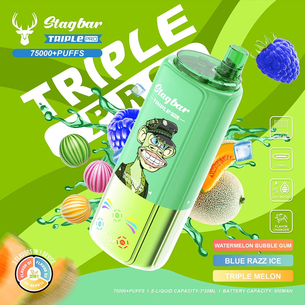 Bright green Stagbar Triple Pro vape bottle featuring a cartoon monkey wearing a captain's hat, with colorful fruit graphics.