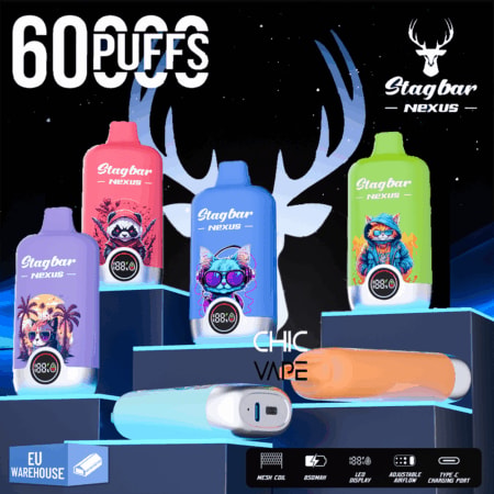 Bouteilles de vape Stagbar Nexus colorées sur un écran étagé avec un dispositif de vape bleu et un fond de cerf, plus un texte de 60 Puffs.