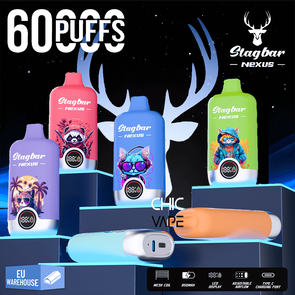 Bouteilles de vape Stagbar Nexus colorées sur un écran étagé avec un dispositif de vape bleu et un fond de cerf, plus un texte de 60 Puffs.