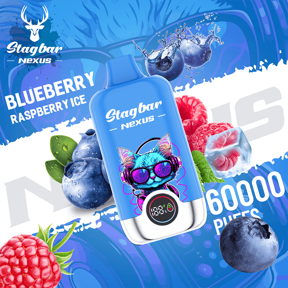 La bouteille de vape Blue Stagbar Nexus présente un chat bleu portant des lunettes de soleil, saveur Blueberry Raspberry Ice, 6000 bouffées.