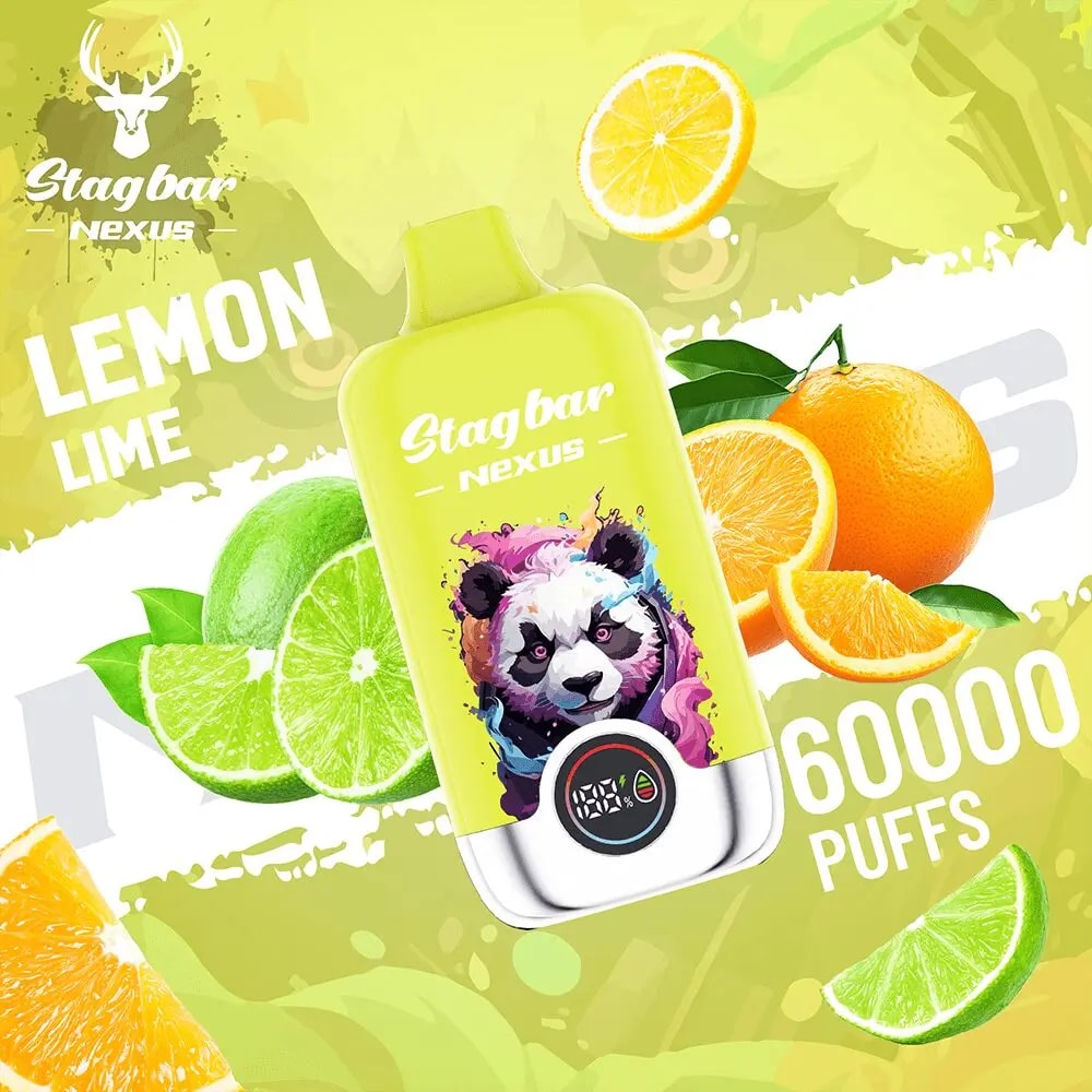 Vape jetable Stagbar Nexus jaune vif avec illustration panda, fond agrumes, saveur Lemon Lime, 6000 bouffées.