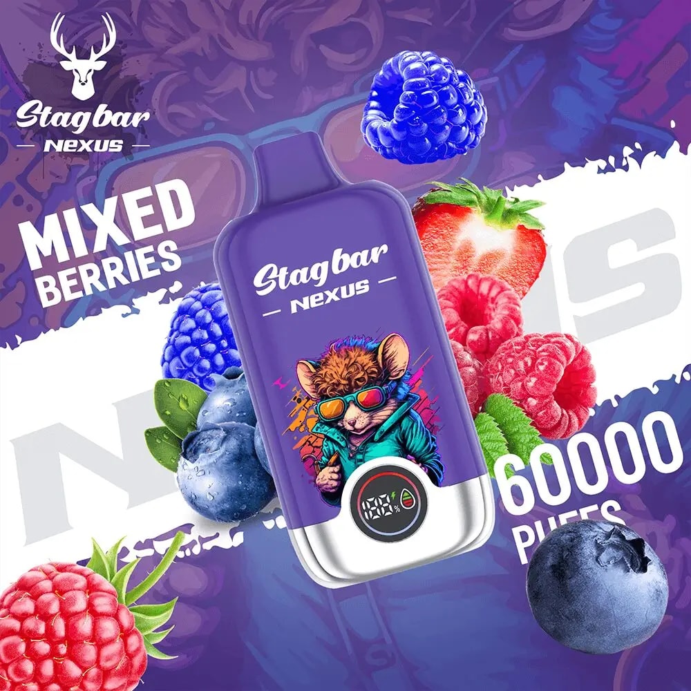 Appareil à vape Stagbar Nexus violet avec un rongeur de dessin animé sur l'étiquette, entouré de baies mélangées et du texte BAIES MIXTES et 60 000 PUFFS.