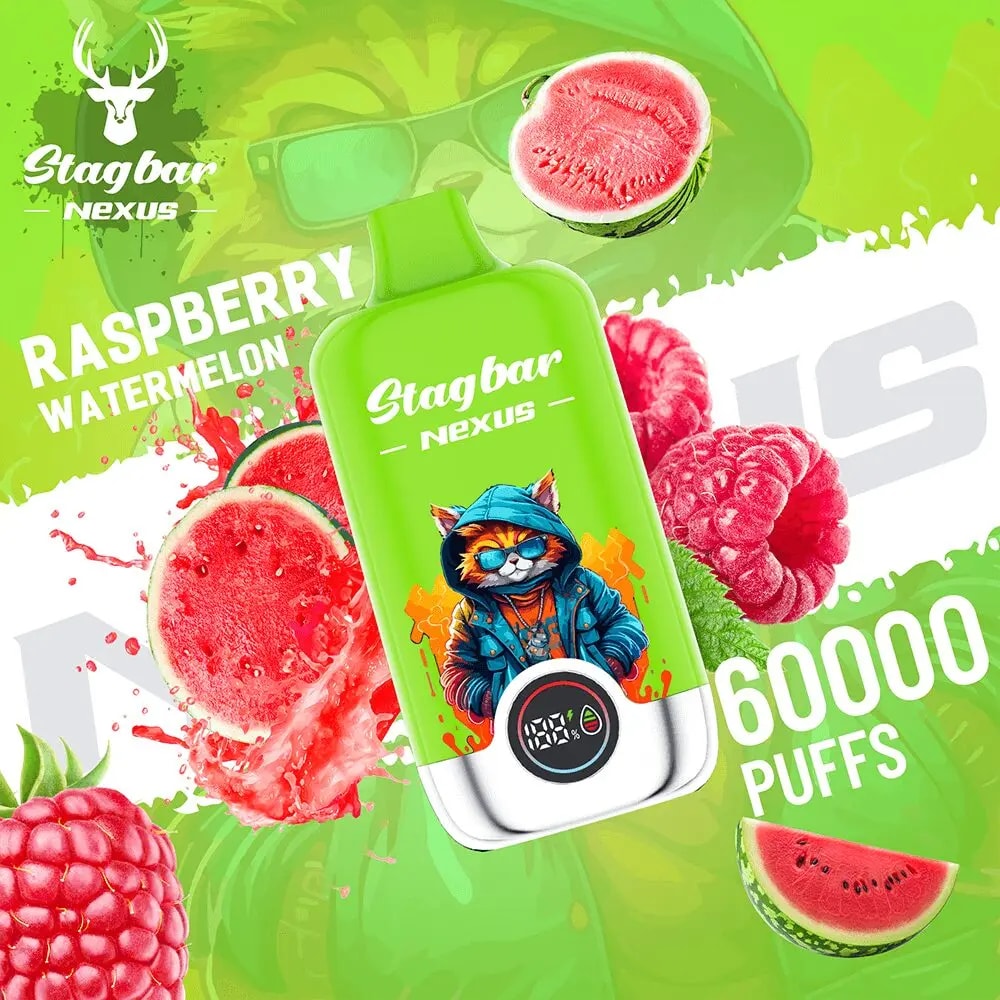 Vape Stagbar Nexus vert vif au goût framboise pastèque, entourée de framboises et de tranches de pastèque, 60 000 bouffées.