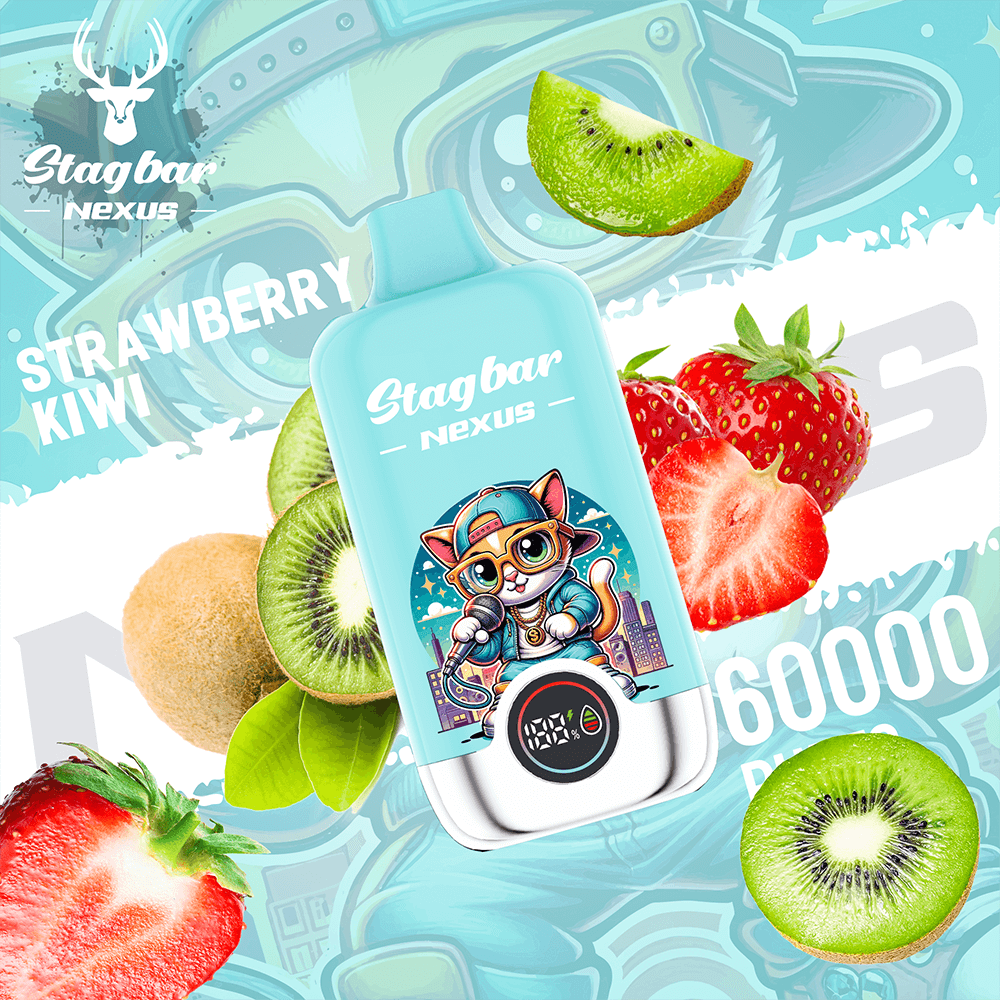 Appareil Nexus Stagbar turquoise avec un chat de dessin animé sur son étiquette, entouré de fraises et de kiwis sur fond bleu.