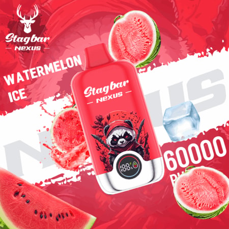 Red Stagbar Nexus bottle with a panda in a Santa hat, Watermelon Ice flavor, on a watermelon-themed background.