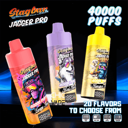 Three Stagbar Jagger Pro vape bottles in pink, purple, and yellow with 40,000 puffs, advertising 20 flavors to choose from.