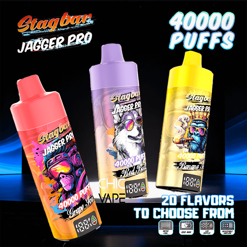 Three Stagbar Jagger Pro vape bottles in pink, purple, and yellow with 40,000 puffs, advertising 20 flavors to choose from.